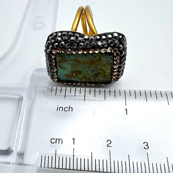 Turquoise Hematite Crystal 925 Silver Vermeil Statement Ring Size 7 Adjustable - Picture 5 of 11